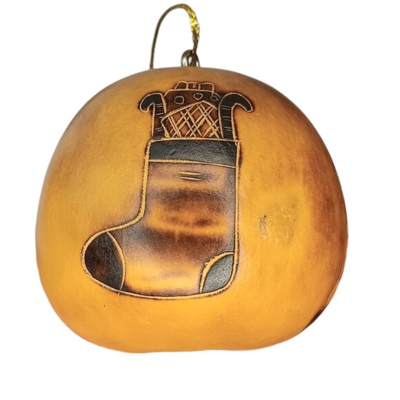Handcarved Gourd Christmas Ornament Santa Stocking Bells 2.5" X 2.5" Brown - Picture 9 of 9